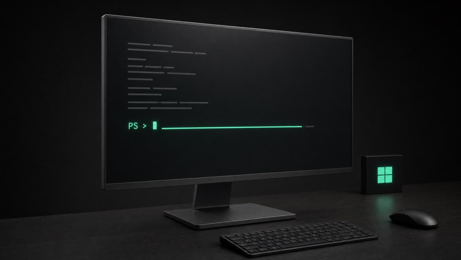 Тёмный монитор с открытым PowerShell: мятная строка приглашения PS и курсор, рядом светится мятная эмблема Windows — установка Claude Code на Windows.
