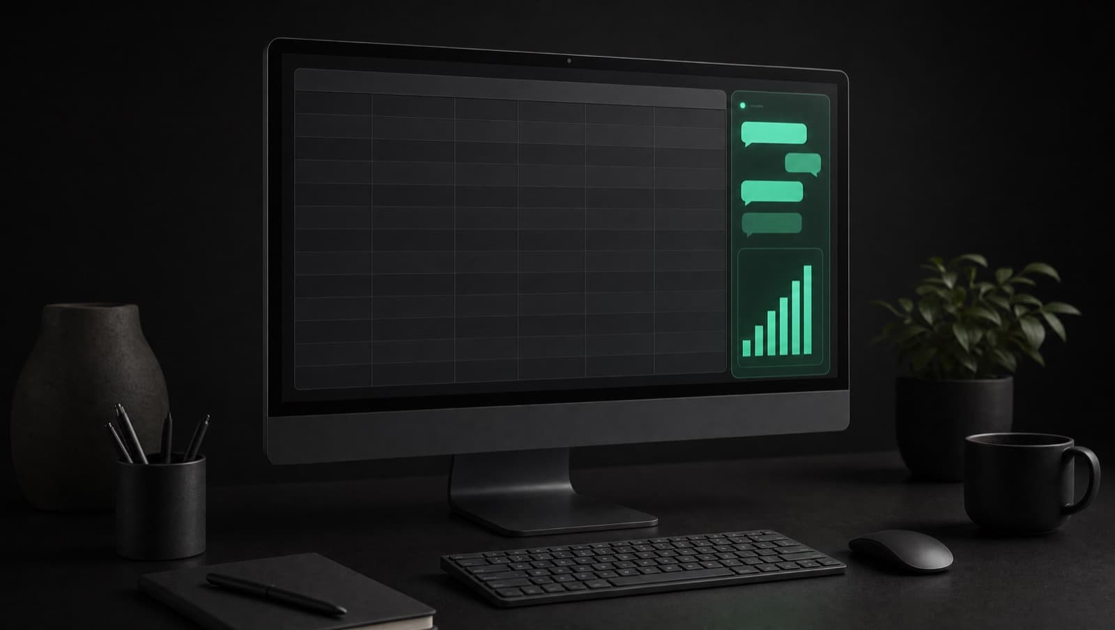 Экран Excel с сеткой ячеек и мятной AI-боковой панелью справа с чат-баблами и графиком — надстройка Claude for Excel.