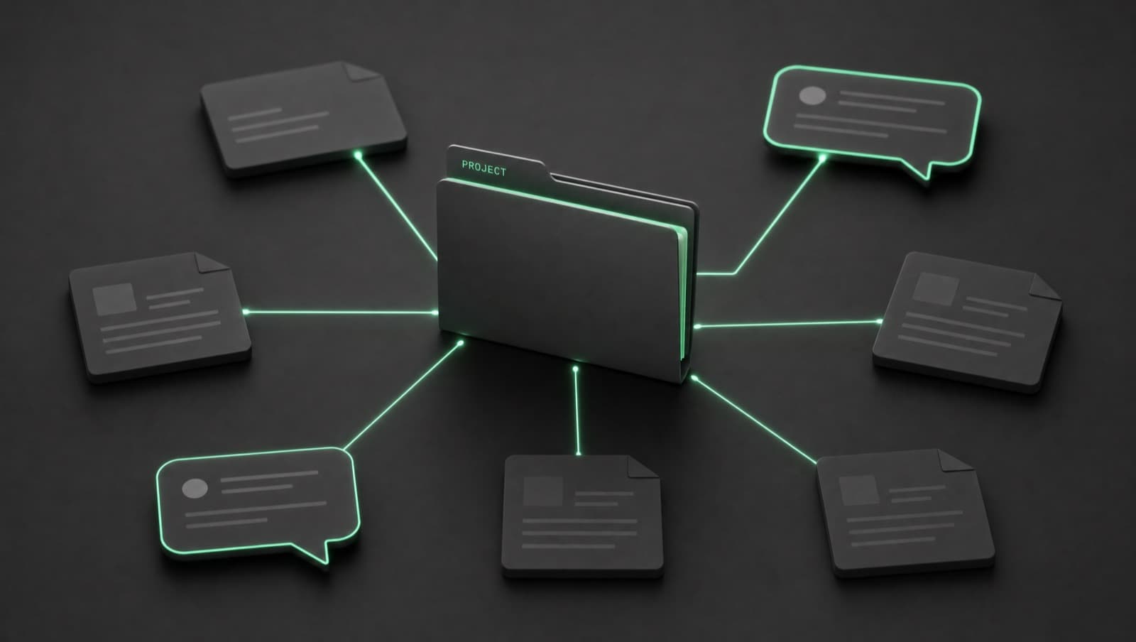 Центральная папка PROJECT, соединённая мятными линиями с карточками-документами и чат-баблами — рабочее пространство Проектов Claude.