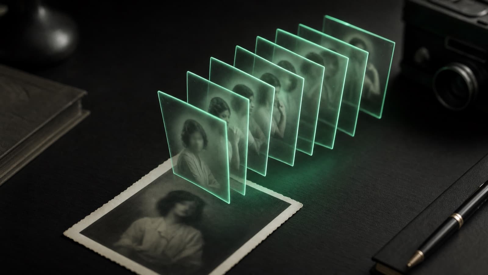 Старая напечатанная фотография на графитовом столе оживает: из кадра веером выходят кадры движения, подсвеченные мятным светом